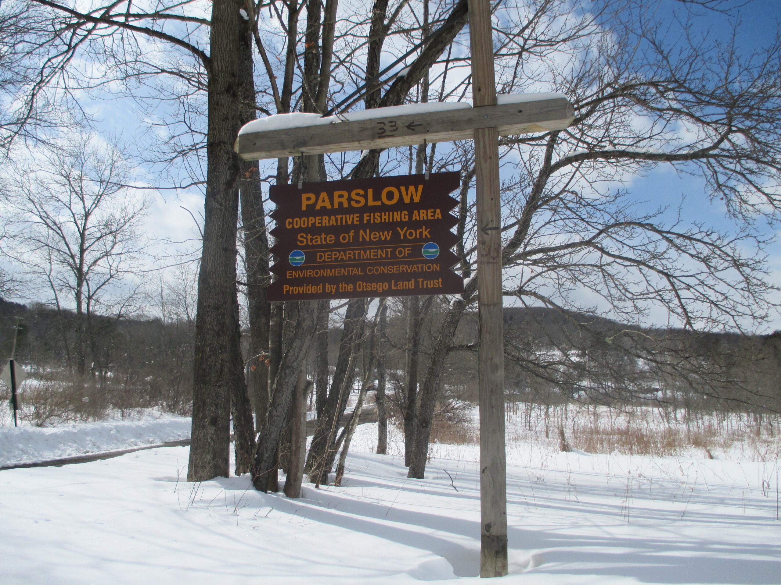 Parslow Road Conservation Area Sign in snow