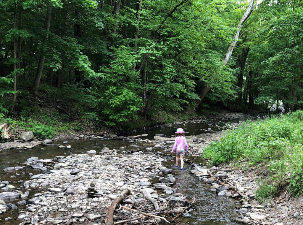 a young girl walks in a shallow creek