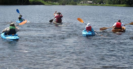 Five kayakers paddle on a Lake