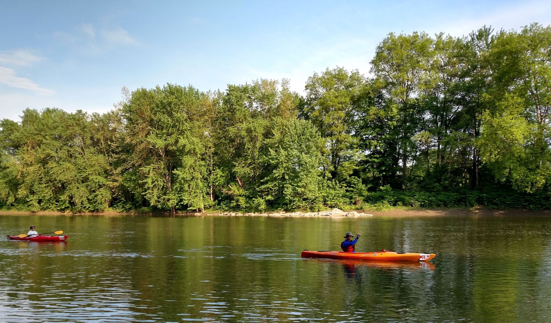 Two kayakers paddling on the Susquehanna River, trees in background