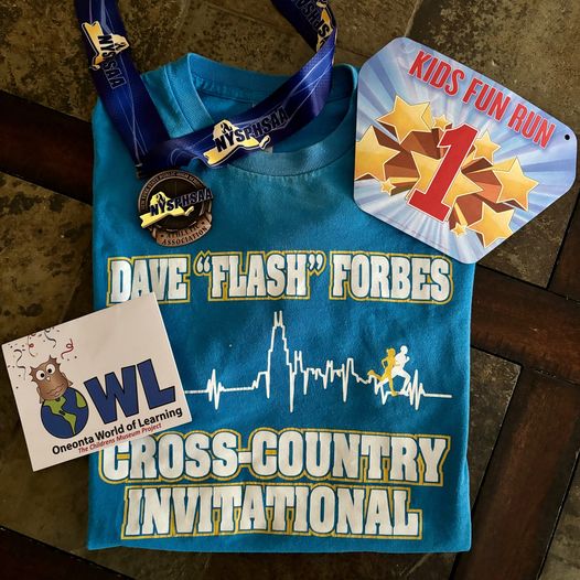 OWL sticker, Kids Fun Run Badge, and Cross Country Invitational t-shirt